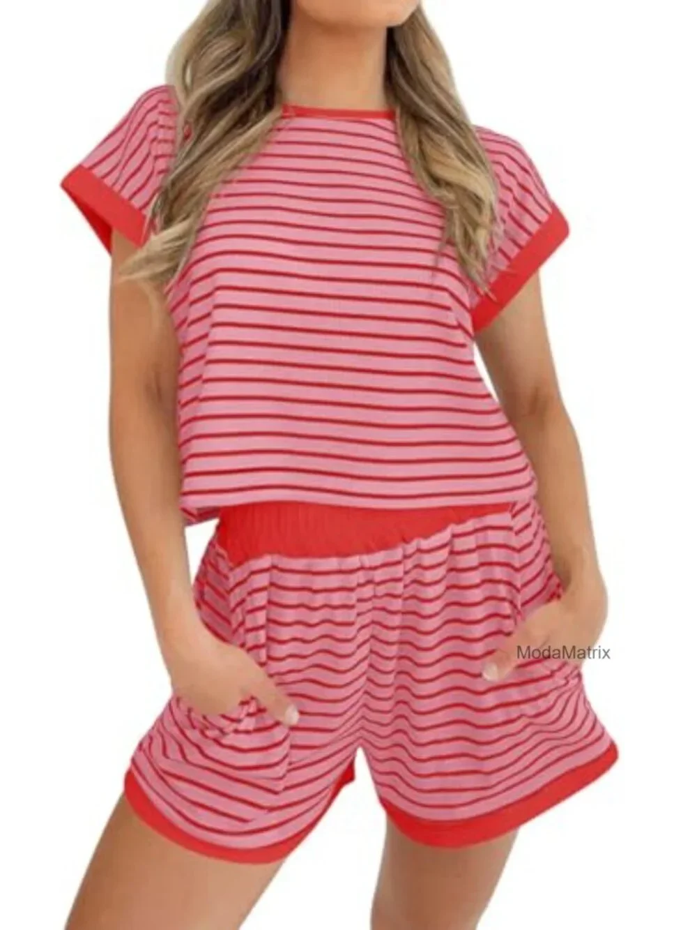 Women's Striped Lounge Set 2 Piece Short Sleeve Top & Shorts